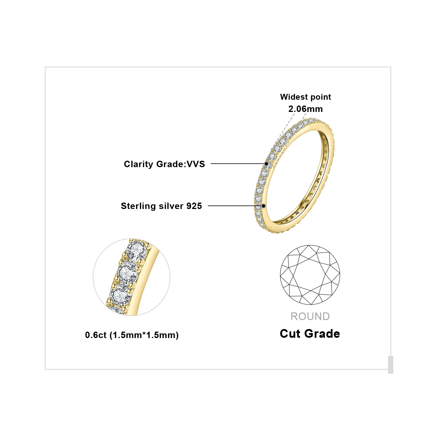 Moissanite D Color Eternity Total 0.6ct 925 Sterling Silver Wedding Band Ring For Women Yellow Rose Gold Plated wedding rings,finger rings,fashion rings,fashion ring,metal rings,stone rings,gold rings
