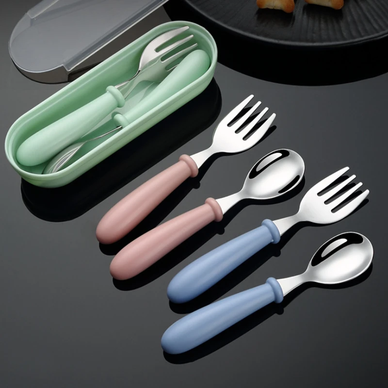 Baby Feeding Tableware Set Children Utensil Stainless Steel Toddler Dinnerware Cutlery Cartoon Infant Food Feeding Spoon Fork