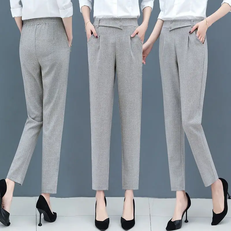 Women Spring Summer New Fashion Casual Elastic High Waist Solid Ruched Pocket Button Straight Loose Thin Small Foot Harlan Pants