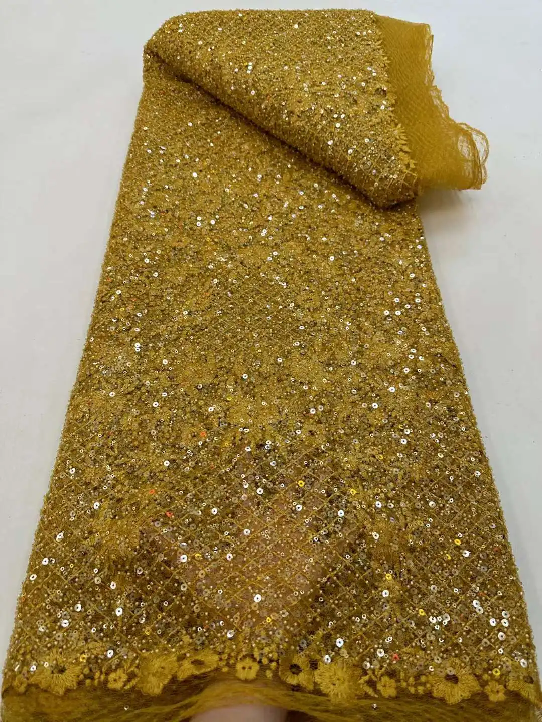 

Gold French Tulle Groom Lace Fabric 2023 High Quality Nigerian Wedding Luxury Beads Sequins Embroidery African Lace Fabric Dress
