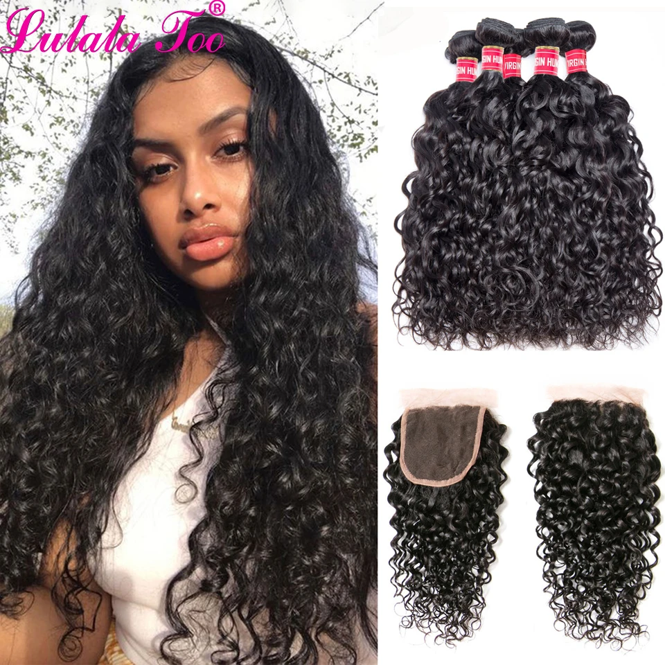 30 Inches Water Wave Bundles With Closure Brazilian Remy Wavy Human Hair Bundles With 4x4 Lace Closure Free Part Lulalatoo Hair uu wig 13a deep wave bundles with closure brazilian hair bundles with closure hd lace remy 100% human hair bundles with frontal