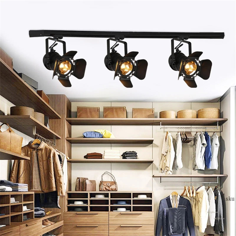 Modern LED Ceiling Lights American Retro Loft Iron Track Lamps Industrial E27 Bar Cafe Industrial Lighting Searchlight Fixtures 5
