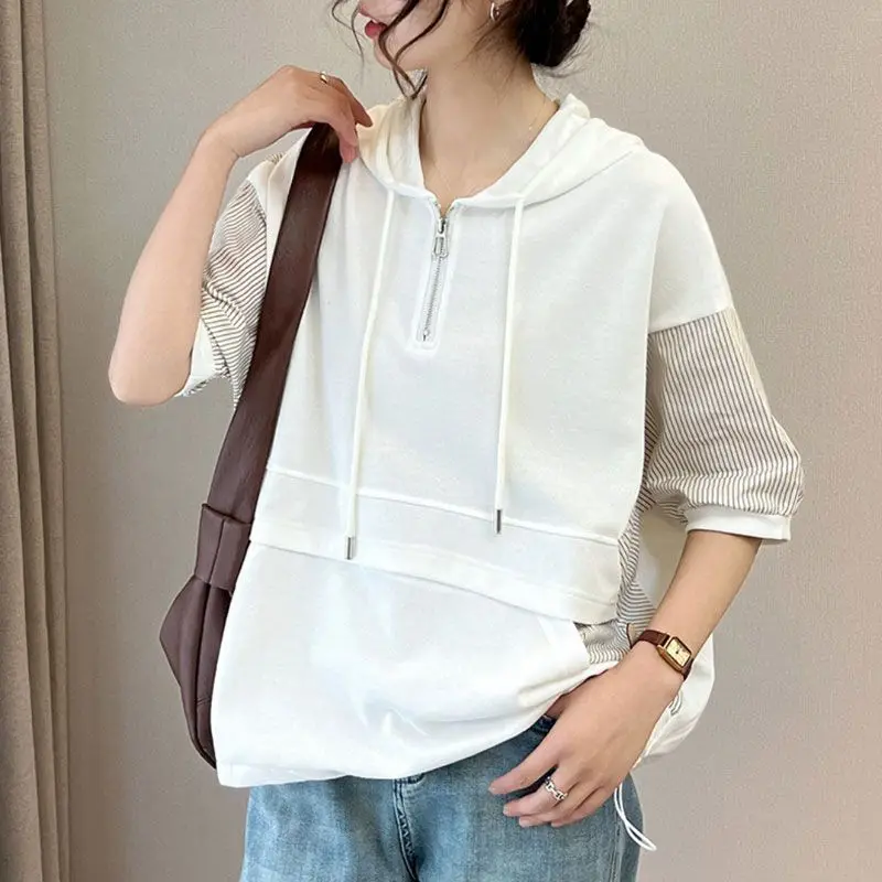 2024 New Summer Casual Minimalist Patchwork Contrasting Stripes Loose and Versatile Slimming Zipper Drawstring Hoodie for Women