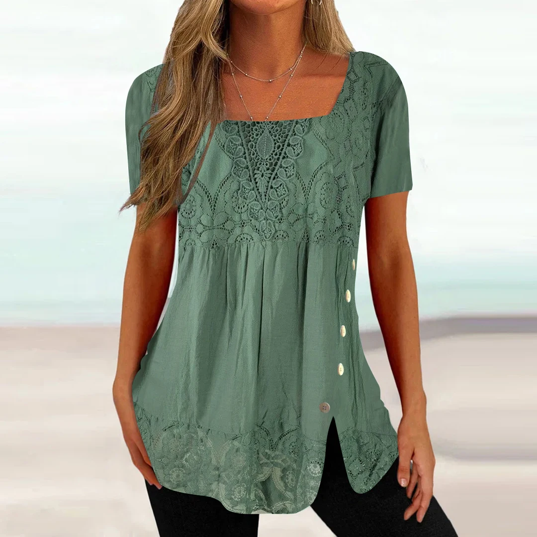 

Plus Size Women's Short Sleeve U-neck Printed Solid Lace Button Top