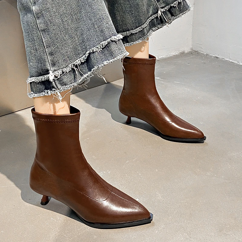 

Thin High Heels Women Ankle Boots 2023 Winter New Pointed Toe Elegant Shoes for Woman Side Zipper Leather Office Boots Zapatos