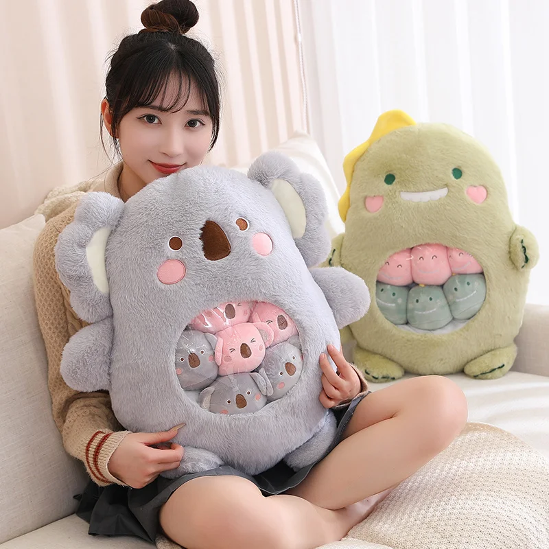 6Pcs Small Toys Inside Cute Panda Koala Rabbit Dinosaur Cartoon Animals Plush Pillow Soft Stuffed Sofa Cushion Homdecor Pillow 4