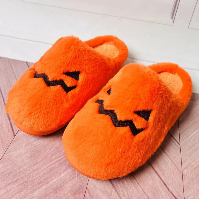 

Halloween Women House Fur Slippers Soft Couple Home Cotton Shoes Winter Indoor Light Comfort Floor Men Silence Slides Bedroom