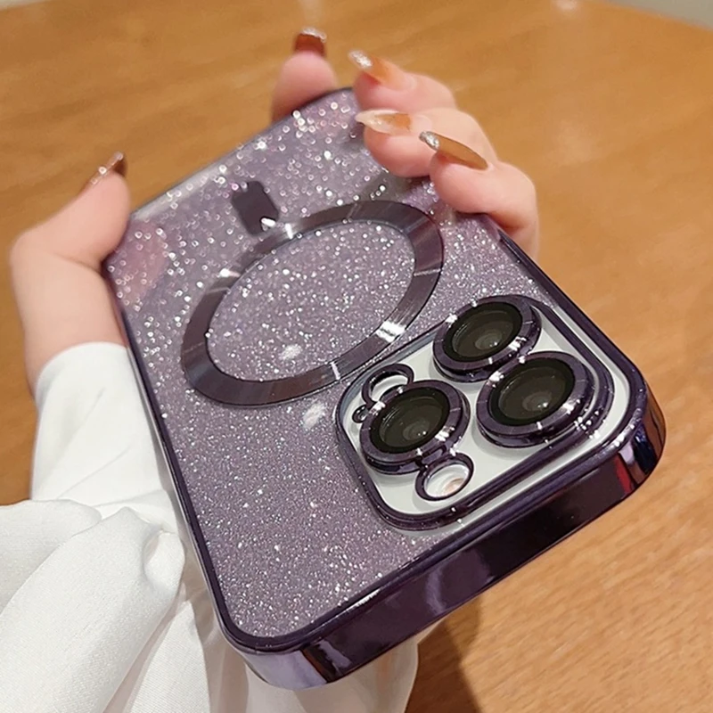Luxury Plating Frame Magsafe Magnetic Flash Glitter For iPhone 11 12 13 14 Pro Max Wireless Charging Protector Cover On 14 Plus_voghion.com