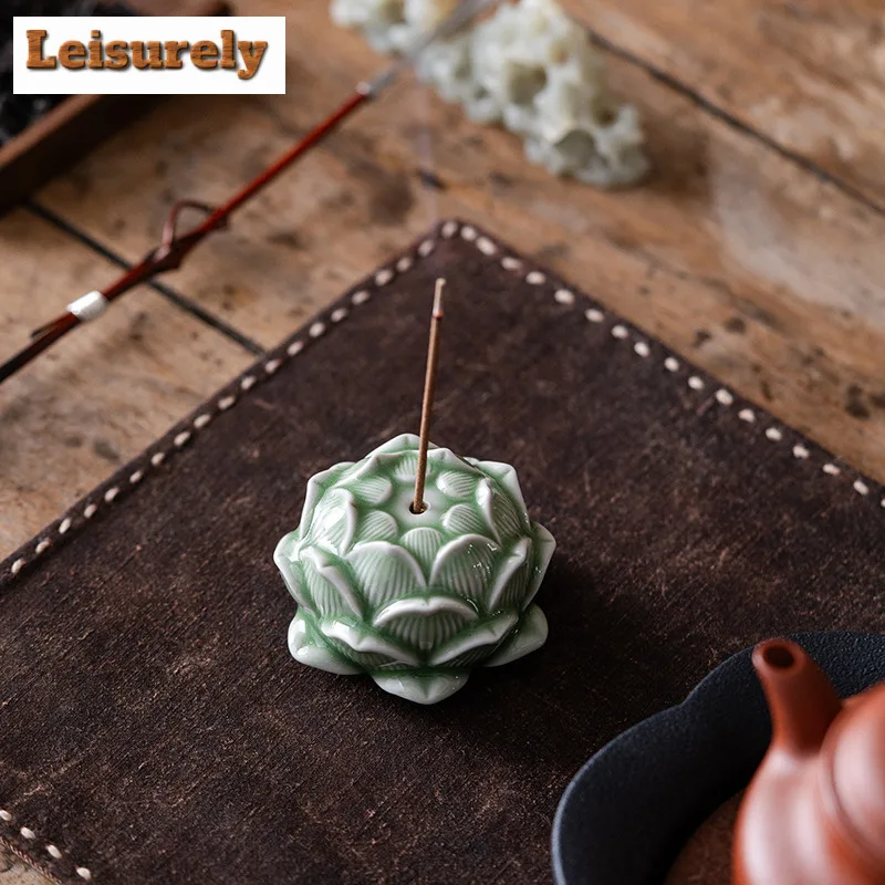 Azure Stone Glaze Lotus Incense Holder Luxury Water Fountain Decoration Scented Aromatic Candles Tea Services Accessories Gift 