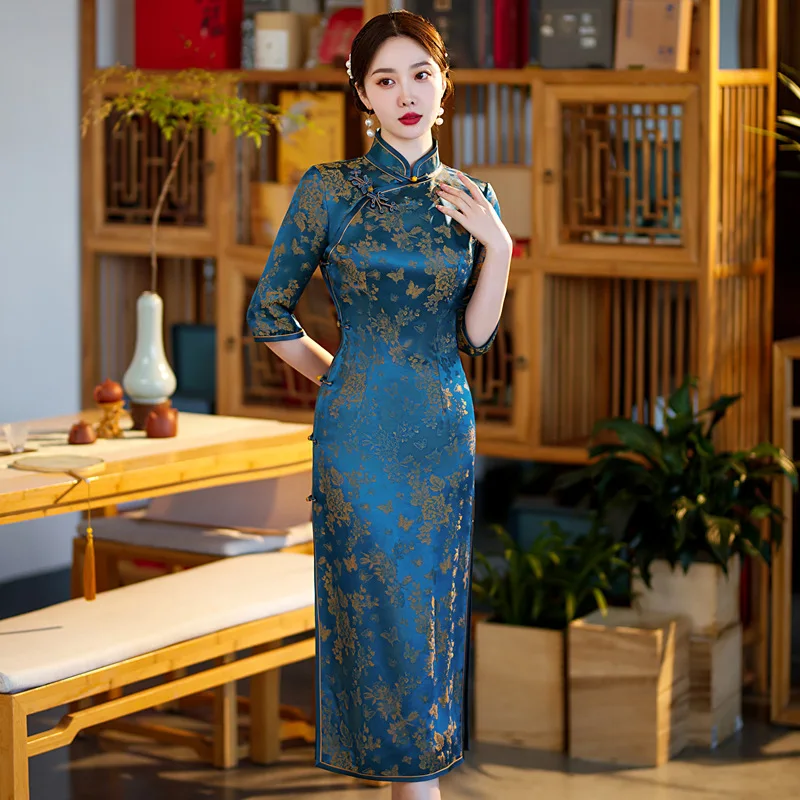 

High-End Full Cardigan High Quality Real Silk Cheongsam Qipao 2024 New Women's Daily Improve Chinese Style Mom Dress