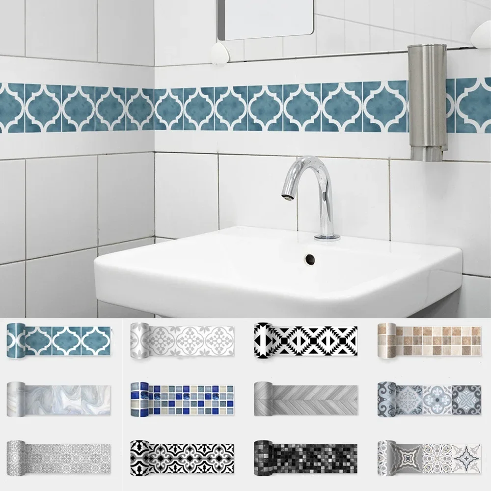 

Blue Patterned Skirting Line Self-adhesive Waterproof Ceramic Peel And Stick Tile Waistline Frame 10cm*2M A Roll Wall Sticker
