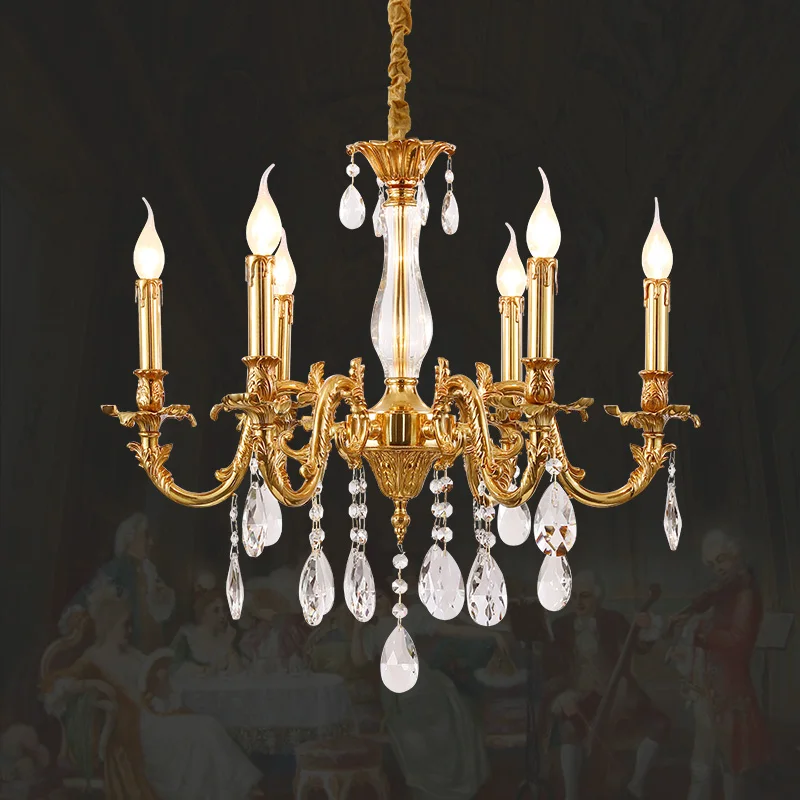 

European Luxury Clear Crystal Copper Chandelier French Country Villa Dinning Room Banquet Hall Bedroom Brass Pendant Lights