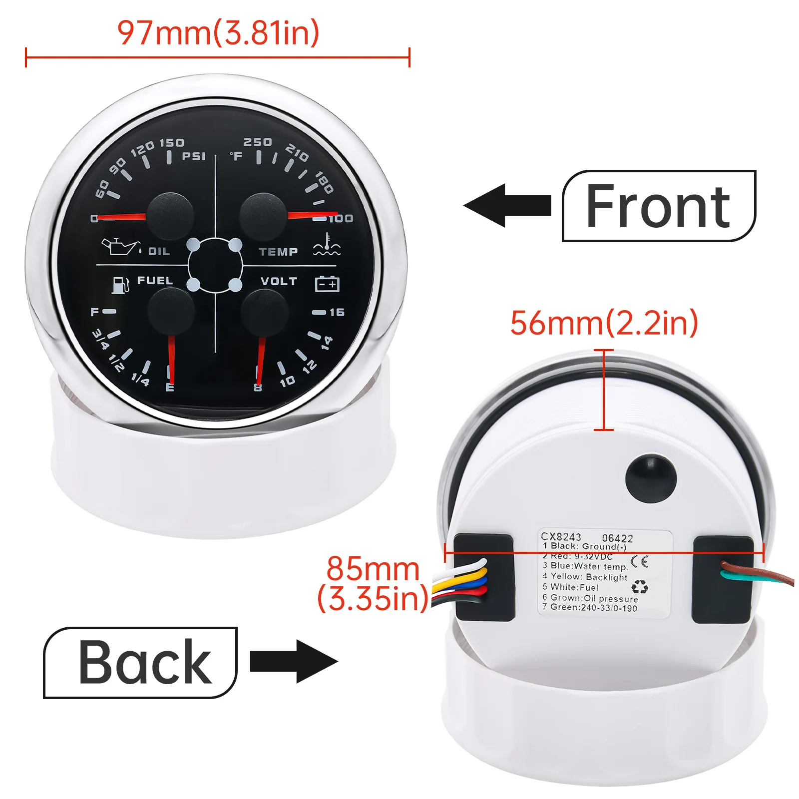 Compteur de vitesse GPS multifonctionnel avec horloge, jauge 3 en 1,  voltmètre pour voiture, bateau, yacht, 9-32V, HD 85mm