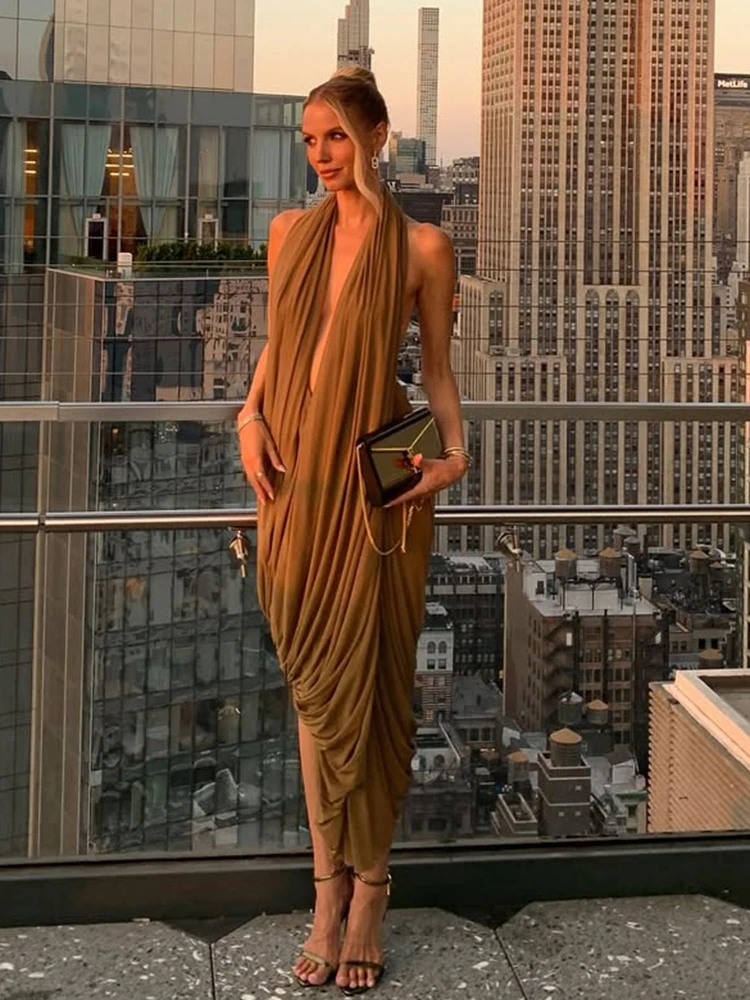 Nibber Ruched Halter Maxi Dress Women Sleeveless Backless Irregular Hem Solid Vacation Classic Basis Prom Party Elegant Vestidos