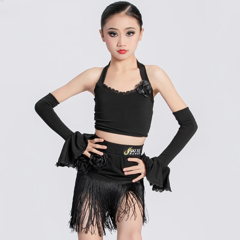 

Fashion Girls Black Halter Latin Top Fringed Skirt Summer Chacha Latin Dance Competition Costume Kids Dancing Clothes DWY9824
