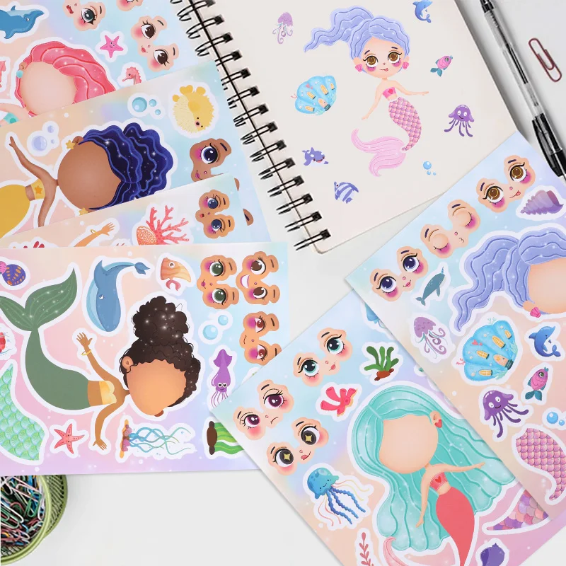Cartoon Mermaid Puzzle DIY Make a Face Stickers Kids Mermaid Birthday Party Decoration Gift Game DIY Assemble Decal Jigsaw Toys