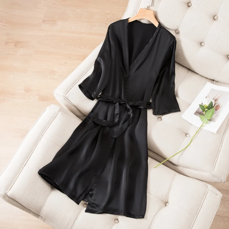 2023Spring/Summer Women's 100%Natural Mulberry Silk Long Pajamas Bathrobe Three Quarter Sleeve Pajamas Smooth Sexy Home Clothing