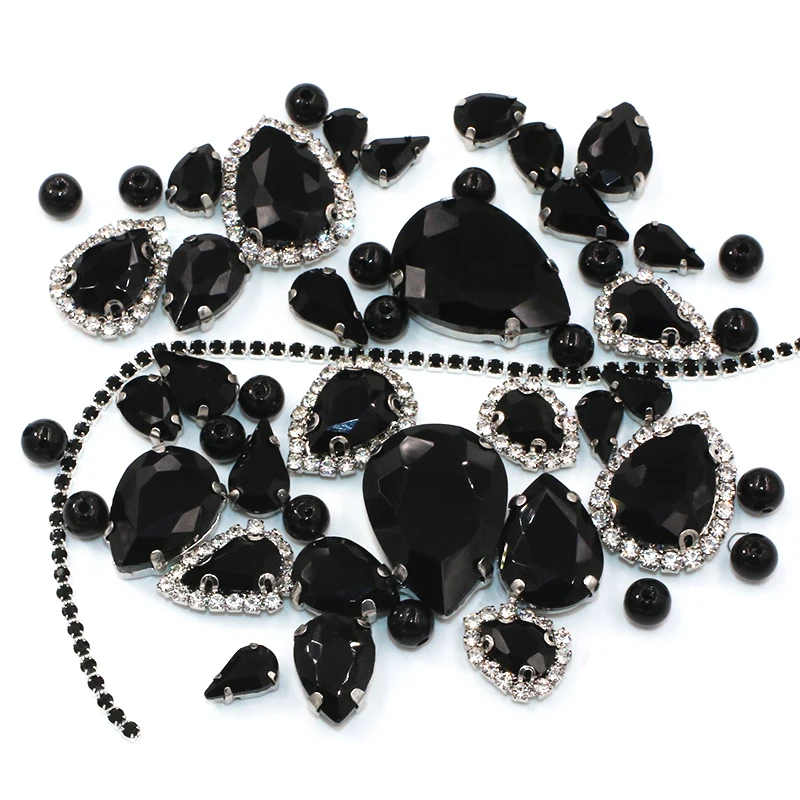 

Mixed Drop Shaped Black Crystal Glass Rhinestones+Pearl +Cup Chain For Wedding Dress Jewelry Making 50pcs/Bag