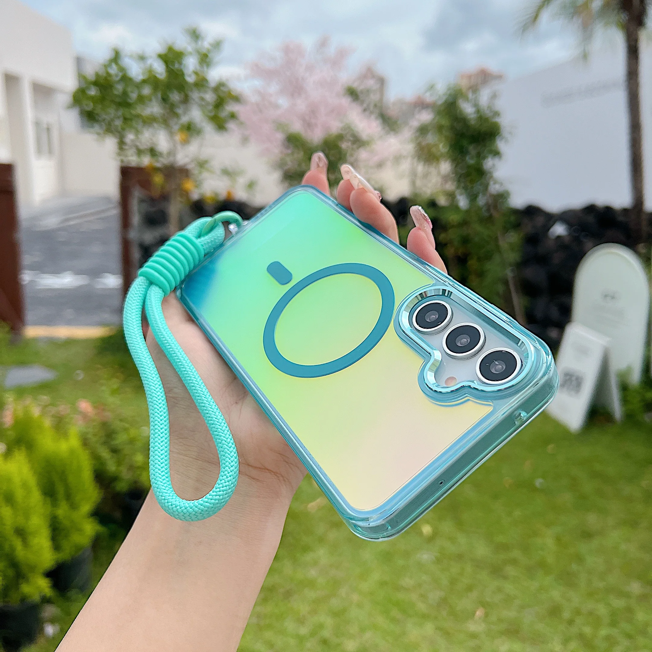 Enhanced Laser Gradient Magnetic Lanyard Phone Case with MagSafe Compatibility