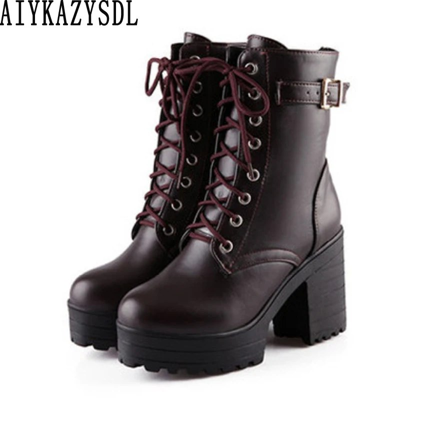 

AIYKAZYSDL Autumn Winter Ankle Boots Punk Gladiator Lace Up Warm Boots Platform Chunky Block Heel Thick Sole Wedge Shoes Student