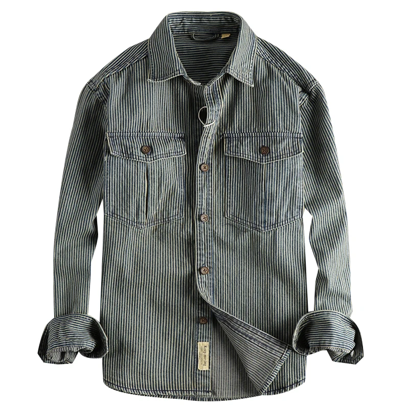 Autumn New American Retro Long Sleeved Lapel Denim Striped Cargo Shirt Men's Simple Cotton Washed Old Casual Blouses Coat