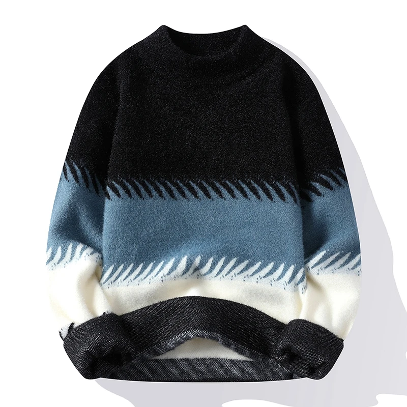 

Winter Thick Warm Mink Cashmere Sweater Mens Harajuku Long Sleeve Splicing Jumpers Men Handsome Knit Sweaters Male Pullovers