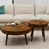 Round Coffee Table Set of 2, 2 Piece Farmhouse Nesting Table w Wooden Circle Sleeve Pattern, Modern MDF End Table for Living Roo 1