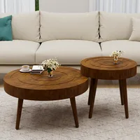 Round Coffee Table Set of 2, 2 Piece Farmhouse Nesting Table w Wooden Circle Sleeve Pattern, Modern MDF End Table for Living Roo 1