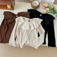 Spring Autumn Long Sleeved Solid Color Bottom Shirt Children's Clothing Girls Versatile Cute Doll Collar Lace Trendy Inner Top