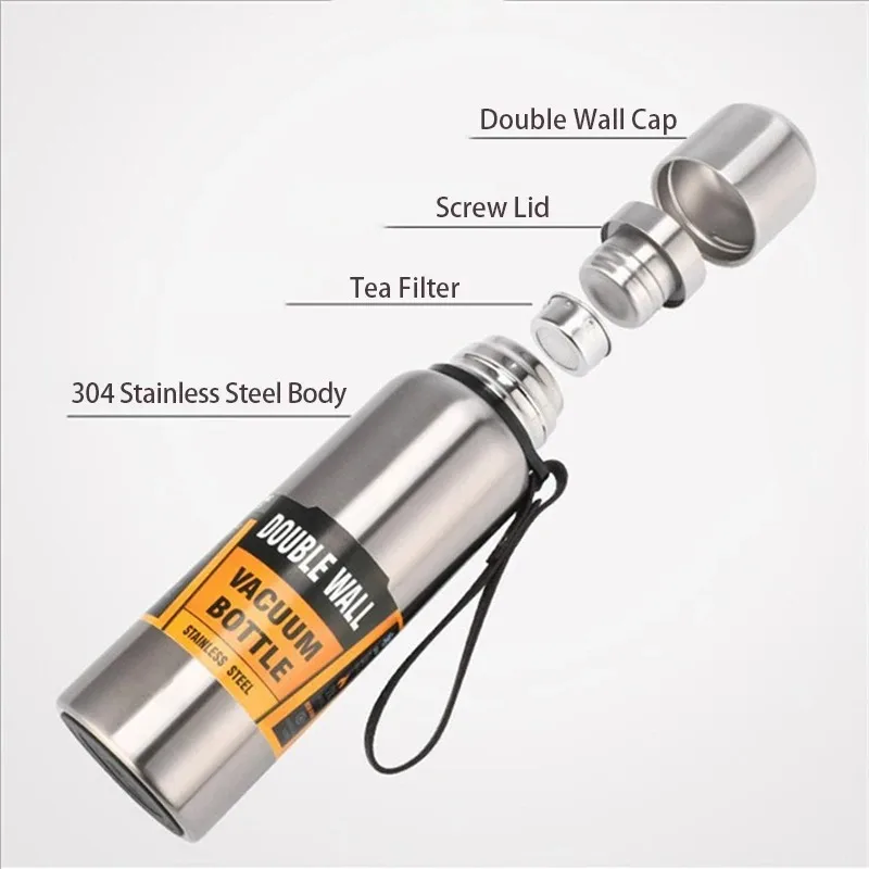 500/1000/1500ml Stainless Steel Thermos Large Capacity Vacuum Flask Portable Insulated Tumbler with Rope Insulated water bottles Practical Beach Essentials