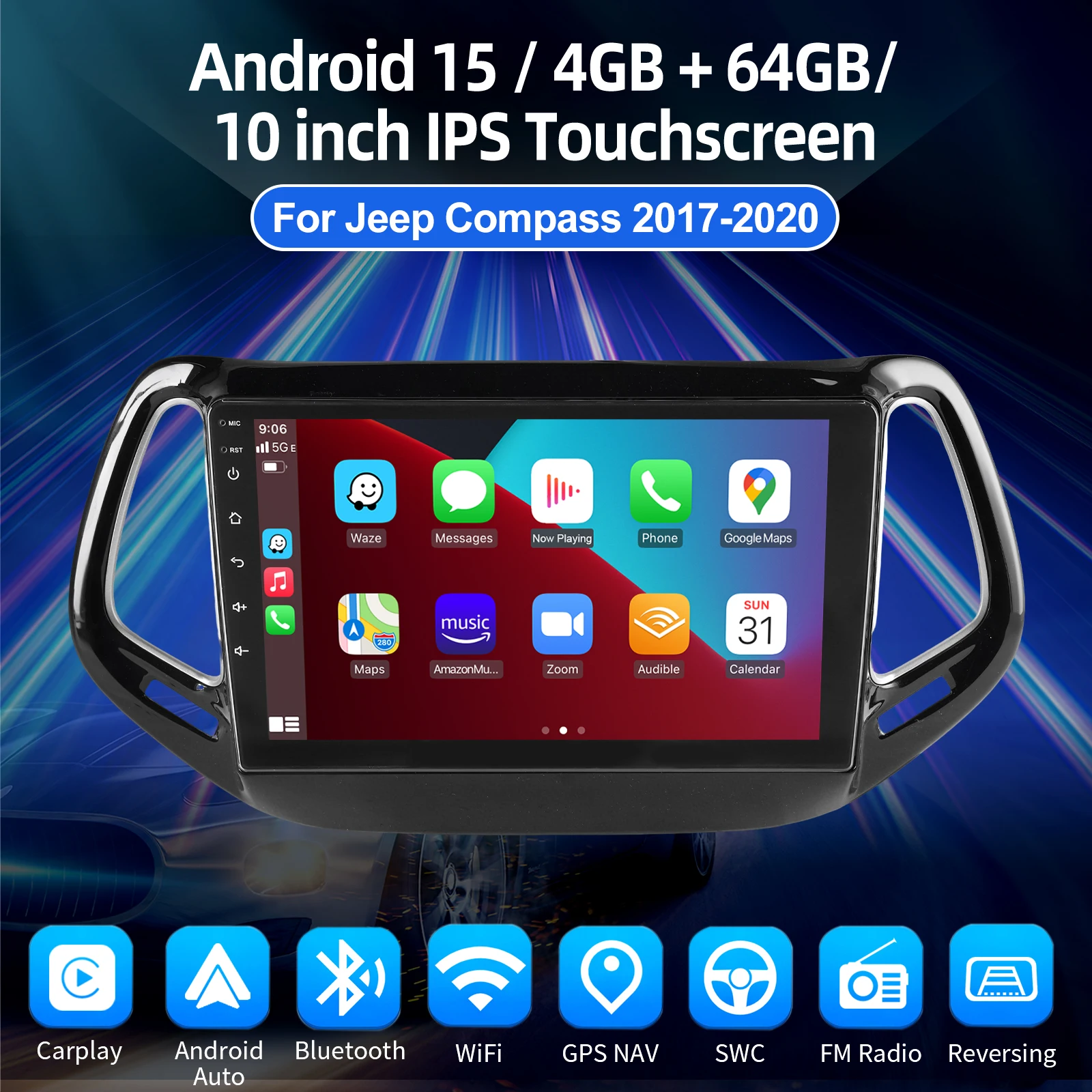 ESSGOO Android 15 10 Zoll IPS Touchscreen Für Jeep Compass 2016-2020 Wireless Carplay Android Auto GPS Navigation WIFI Lenkradfernbedienung Autoradio Bluetooth USB Spiegellink FM ASP-Sound Geteilter Bildschirm – Detail 1