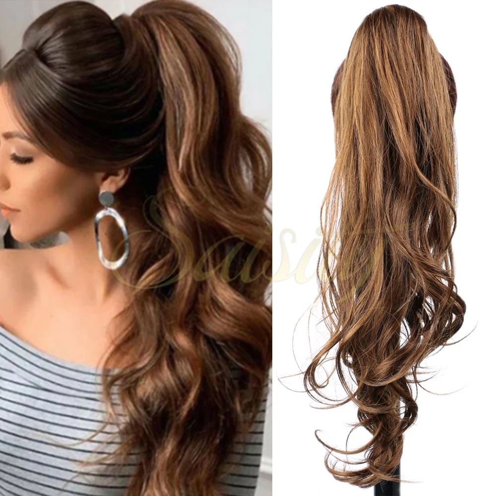Saisity Ombre Synthetic 32Inches Long Layered Ponytail Available Mixed Color Curly Flexible Ponytail Wrap Around Hairpieces