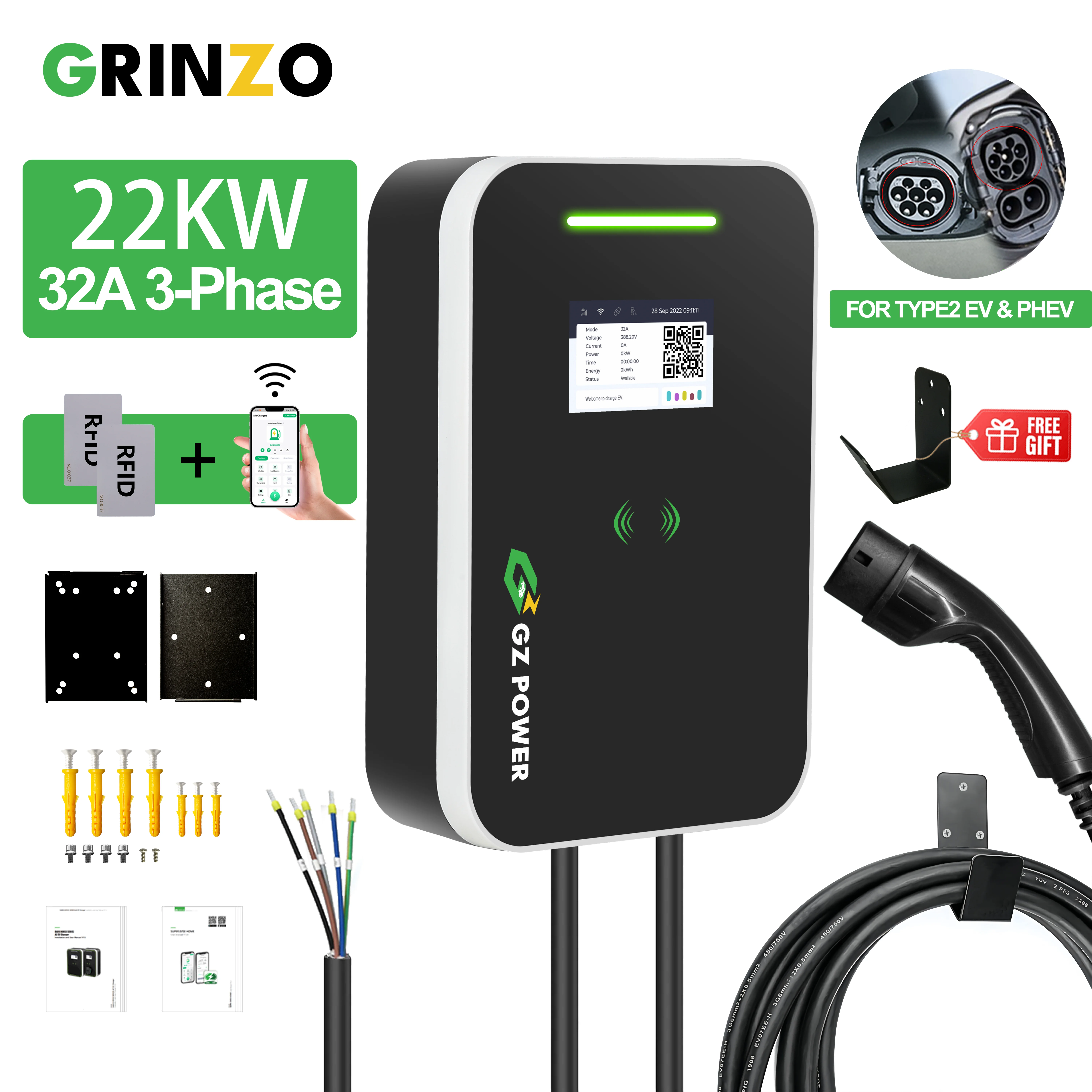 Caricabatterie Ev 32A Trifase Type2 Wallbox Station Caricabatterie Per Veicoli Elettrici 22Kw Compatibile Per Tutte Le Auto Elettriche Ev