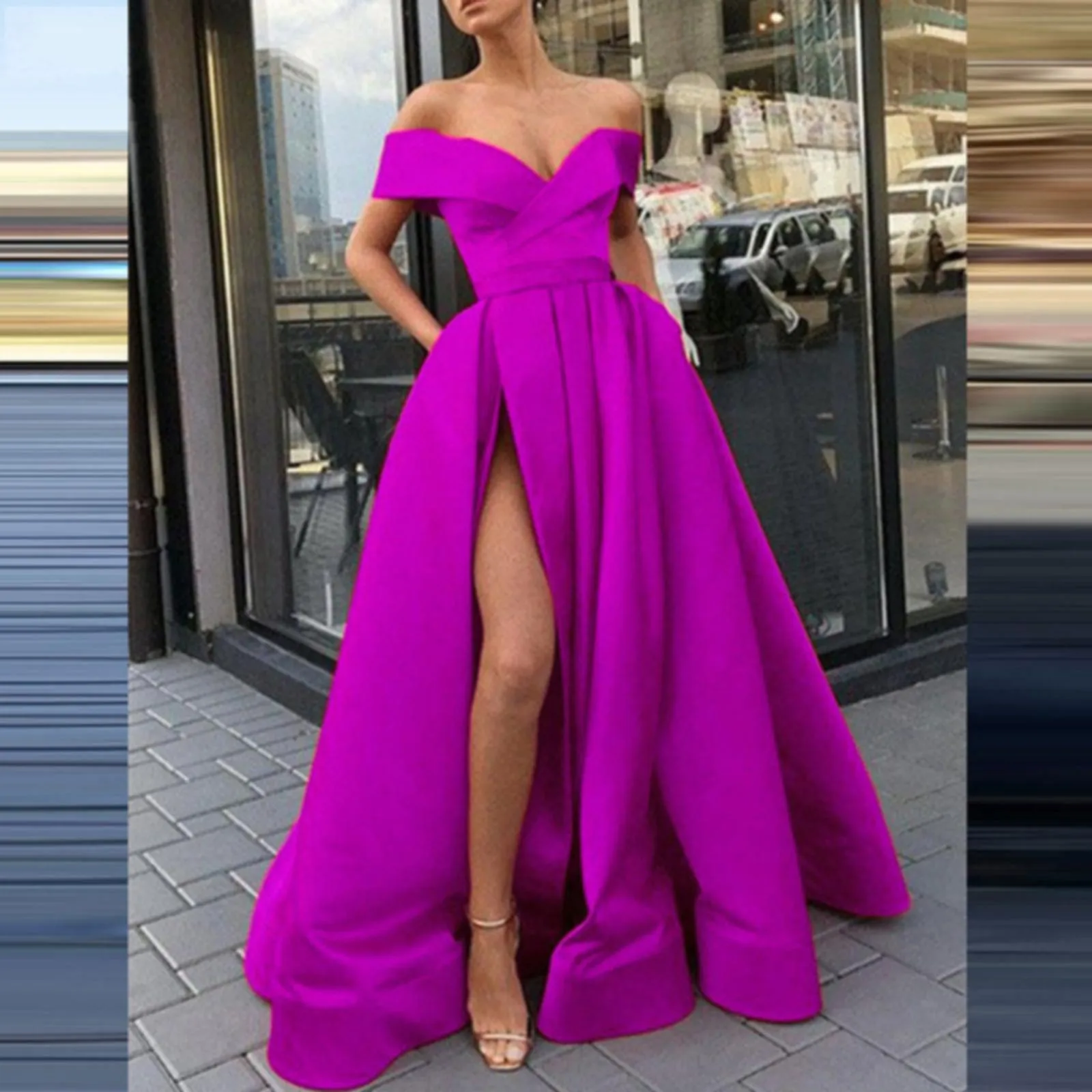

Dresses For Women 2024 Off Shoulder Side Slit Satin A-Line Solid Color Large Swing Sundress Formal Evening Gowns Party Dresses