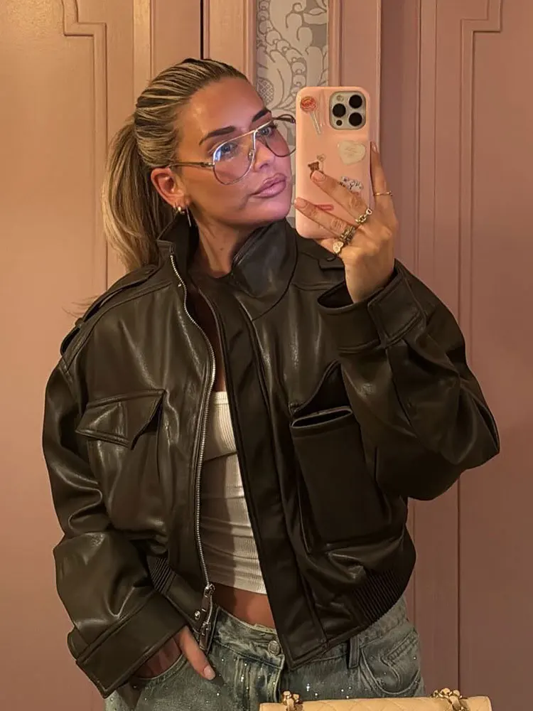 HH Women Vintage Solid Faux Leather Jacket Turtleneck Long Sleeve Zipper Pu Leather Jackets Coats With Pocket Autumn Outerwear