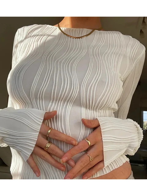 تي شيرت نسائي بأكمام طويلة مكشكش موديل 2025 تي شيرت نسائي غير رسمي أبيض نحيل أسود أساسي تي شيرت عصري للشارع ملابس Y2K تي شيرت 4