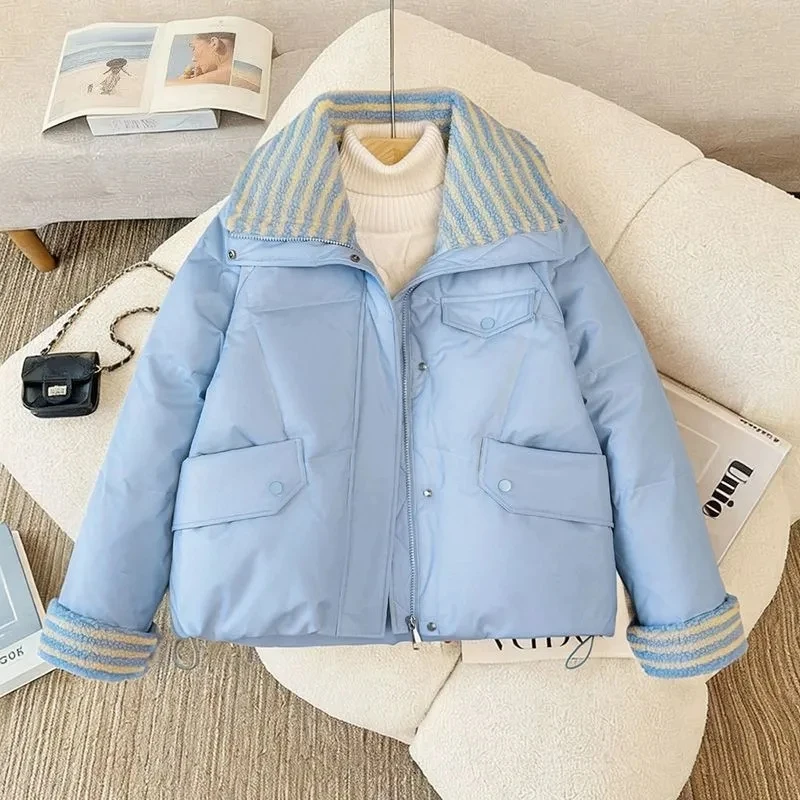 Down Cotton Jacket Women's Short 2025 Lamb Wool New Loose Cotton Jacket Winter Korean Version Thick Bread Jacket Lemon Yellow