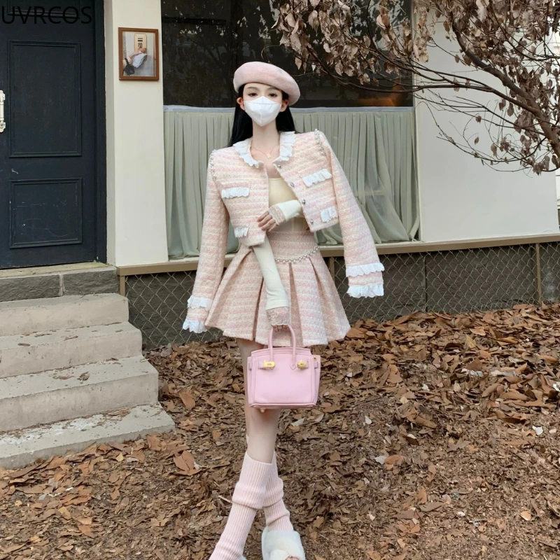 여성용 귀여운 트위드 투피스 세트, 귀여운 레이스 패치워크 모직 재킷, 우아한 진주 플리츠 미니 스커트 슈트, 핑크 가을 겨울