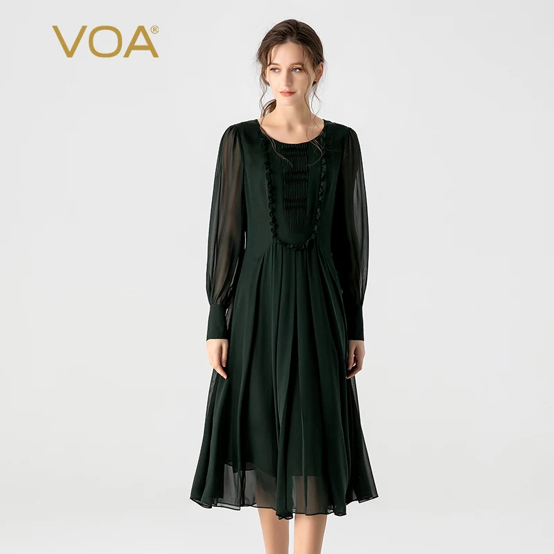 

VOA 100% Pure Mulberry Silk Double Layer Georgette Green O-neck Dresses Women Shirt Long Sleeve Organ Pleated Midi Dress AE1887