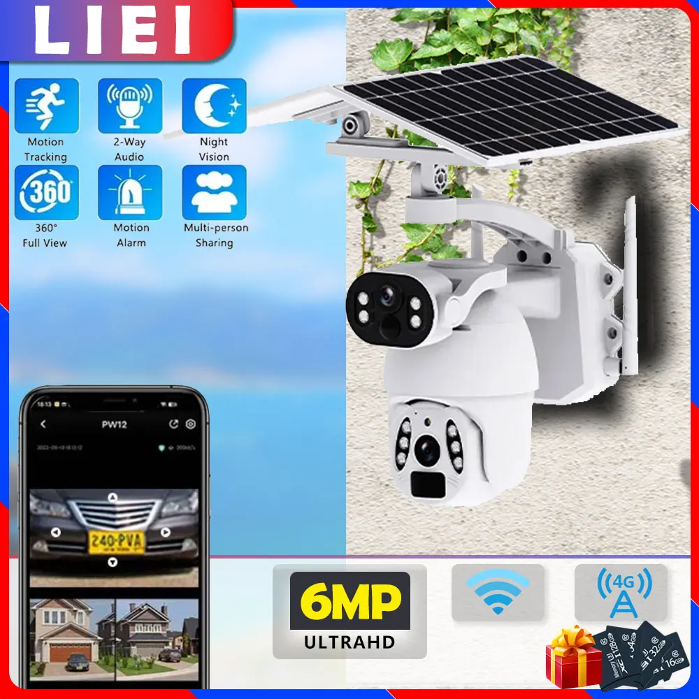 

LIEI 6MP 4K HD 4G/Wi-Fi PTZ Солнечная камера с автоматическим отслеживанием, двойной объектив, камера безопасности, монитор, умный дом, система видеонаблюдения