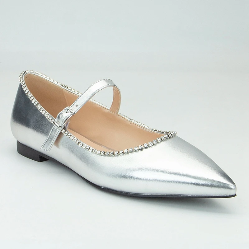 

Women's new pointed buckle rhinestone comfortable and minimalist large flat bottomed Mary Jane single shoes