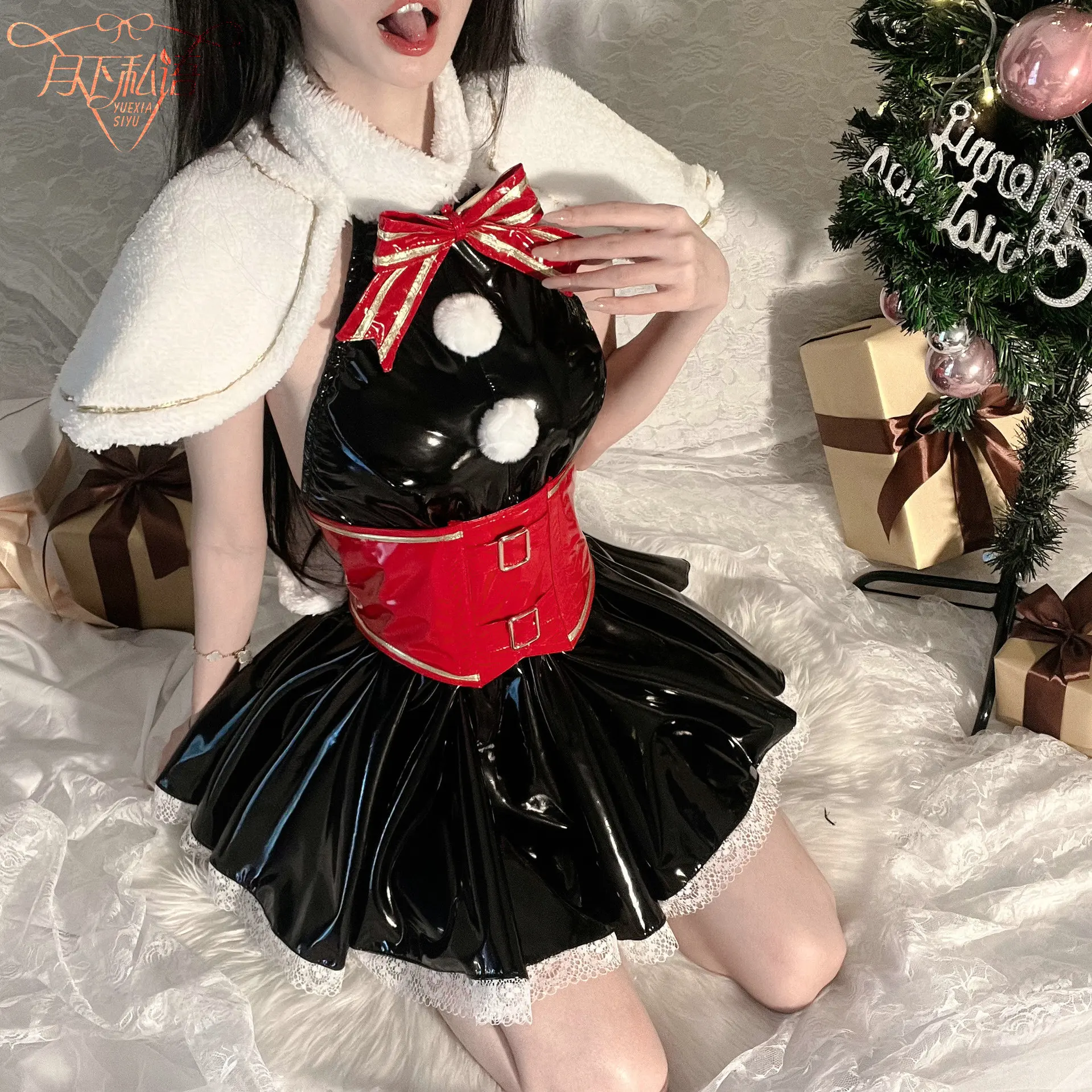 Cute Anime Bunny Girl Maid Cosplay Sexy Faux Leather Uniform Women Christmas Costume Plush Rabbit Cape Lace Lolita Dress