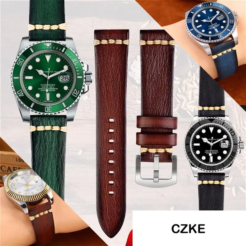 SCHIK Handmade Genuine Leather Watch Strap 20mm 22mm24 For Rolex Citizen Omega MIDO For HUAWEI GT men's Watchband Brown