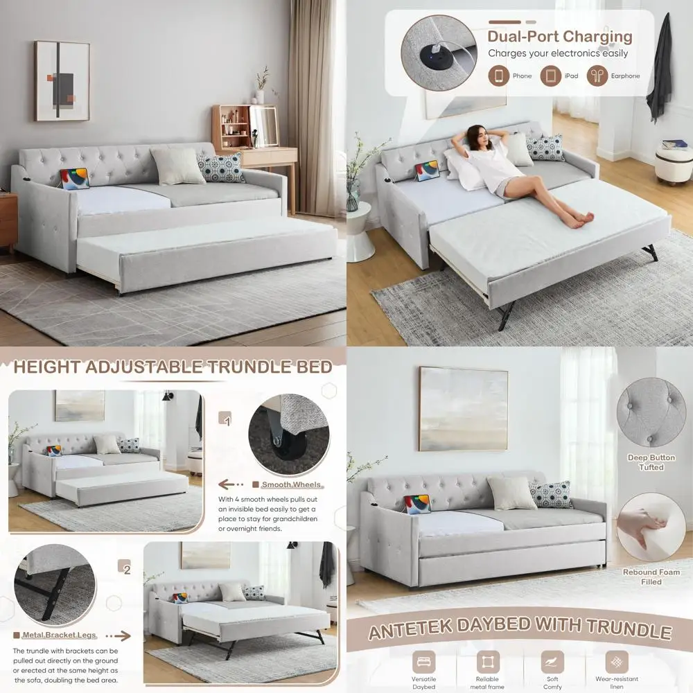 antetek daybed with pop up trundle, modern button tufted linen ...