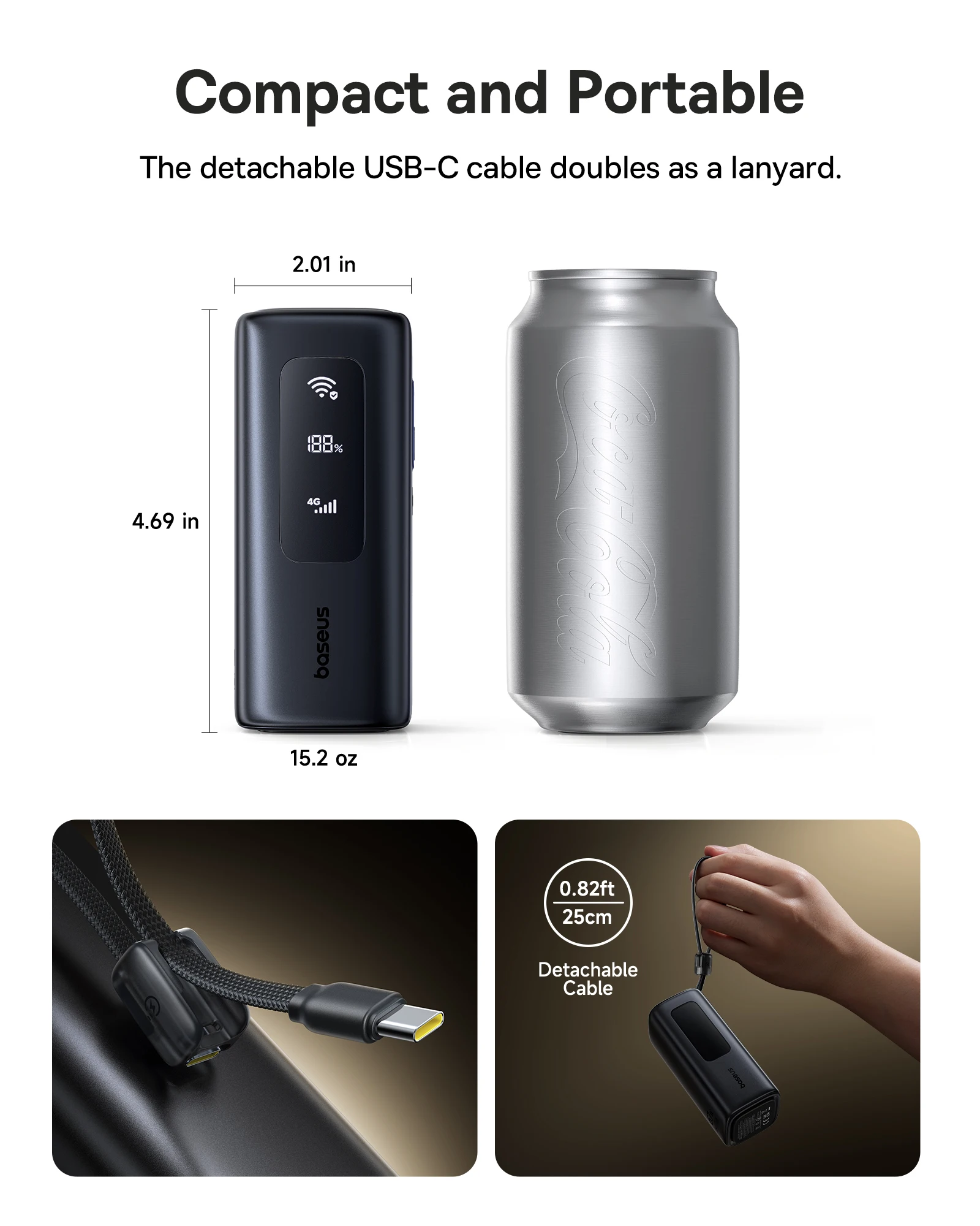 Baseus 4G MiFi Power Bank 20000mAh 67W Detachable USB-C Cable Portable Wi-Fi External Battery Power Supply Connected Power Bank