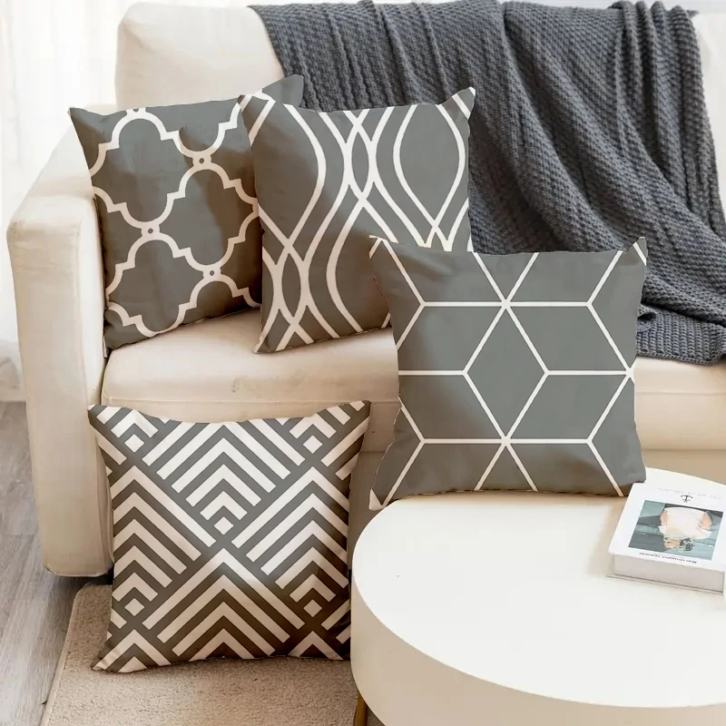 

Ins Style Grey Geometric Pattern Line Printed Square Pillowslip Soft Linen Blend Cushion Cover Pillowcase Living Room Home Decor