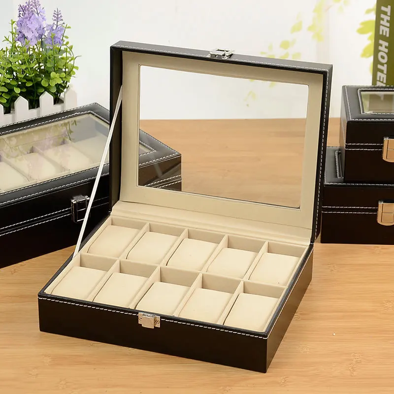 PU Leather Display Storage Collection Organizer watch box Case with Glass Top Slot Men Watch Bracket Display Box Gifts