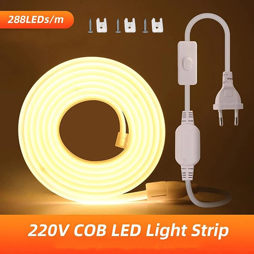 High Bright COB LED Strip Light 220V 1M-50M 288leds/M EU Plug CRI RA90 Christmas Outdoor Garden LED Light For Bedroom Kitchen