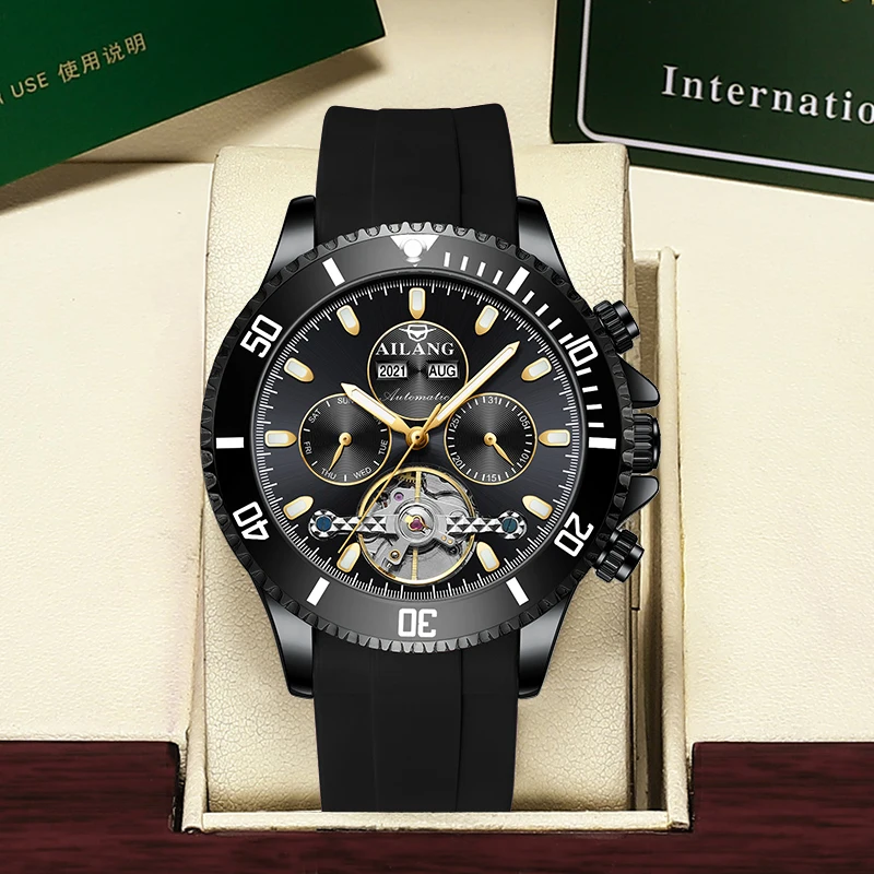 Luxury Men's Automatic Mechanical Watch Logo Genuine Tourbillon with Hollow Design,Multi-function Calendar