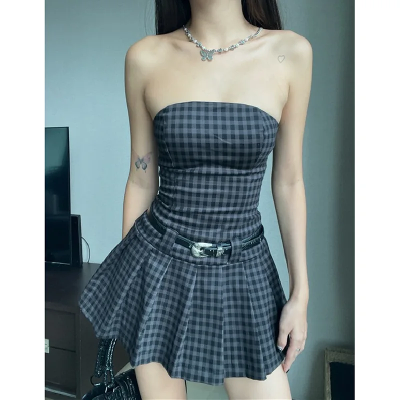 

Goth Dark Plaid A-line Mall Gothic Strapless Dresses Grunge Sexy Off Shoulder Slim Dress Women Shirring Back Summer Party Outfit